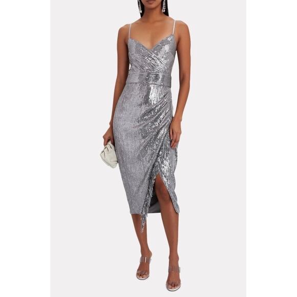 NWT Saylor Azariah Fringed Silver Gunmetal Sequin Wrap Dress. Size M. - Picture 2 of 12
